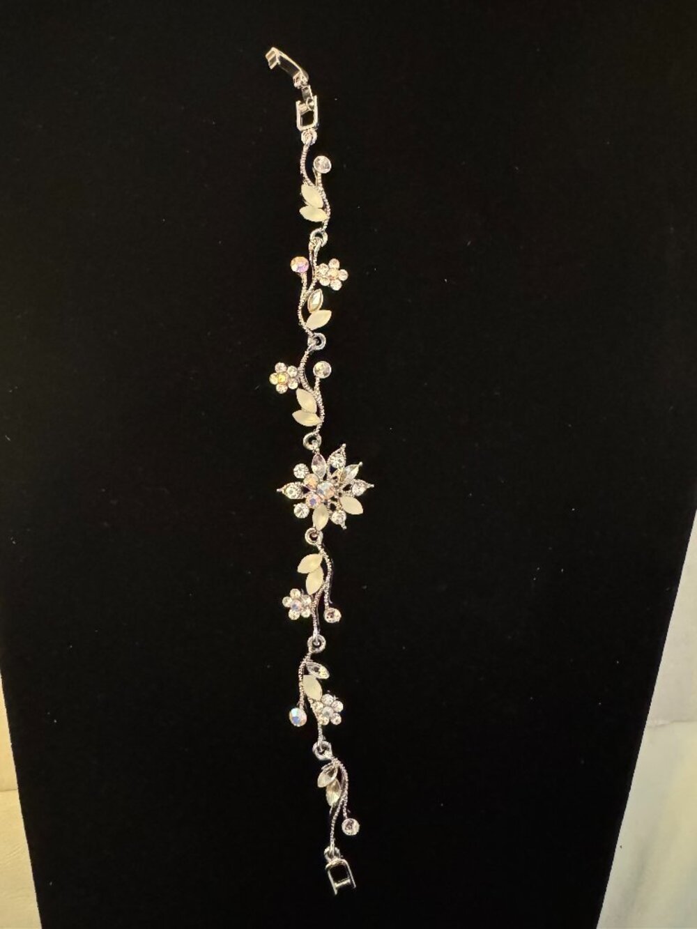 Vintage Crystal AB Rhinestone Floral Vine Bracelet Silver Tone Frosted Leaf